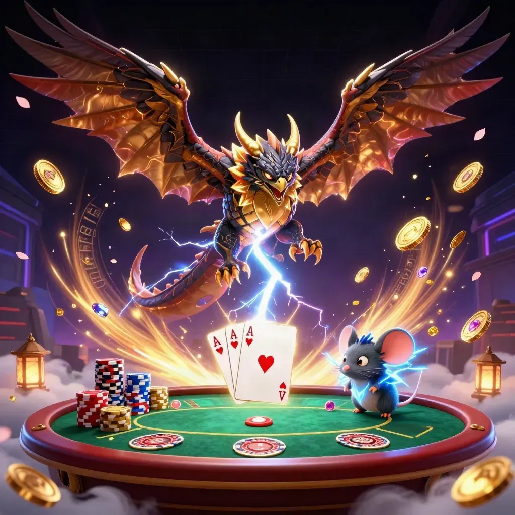 Thunder dragon, wind hawk, and static mouse amid gold coins, cards, chips, and neon fog.