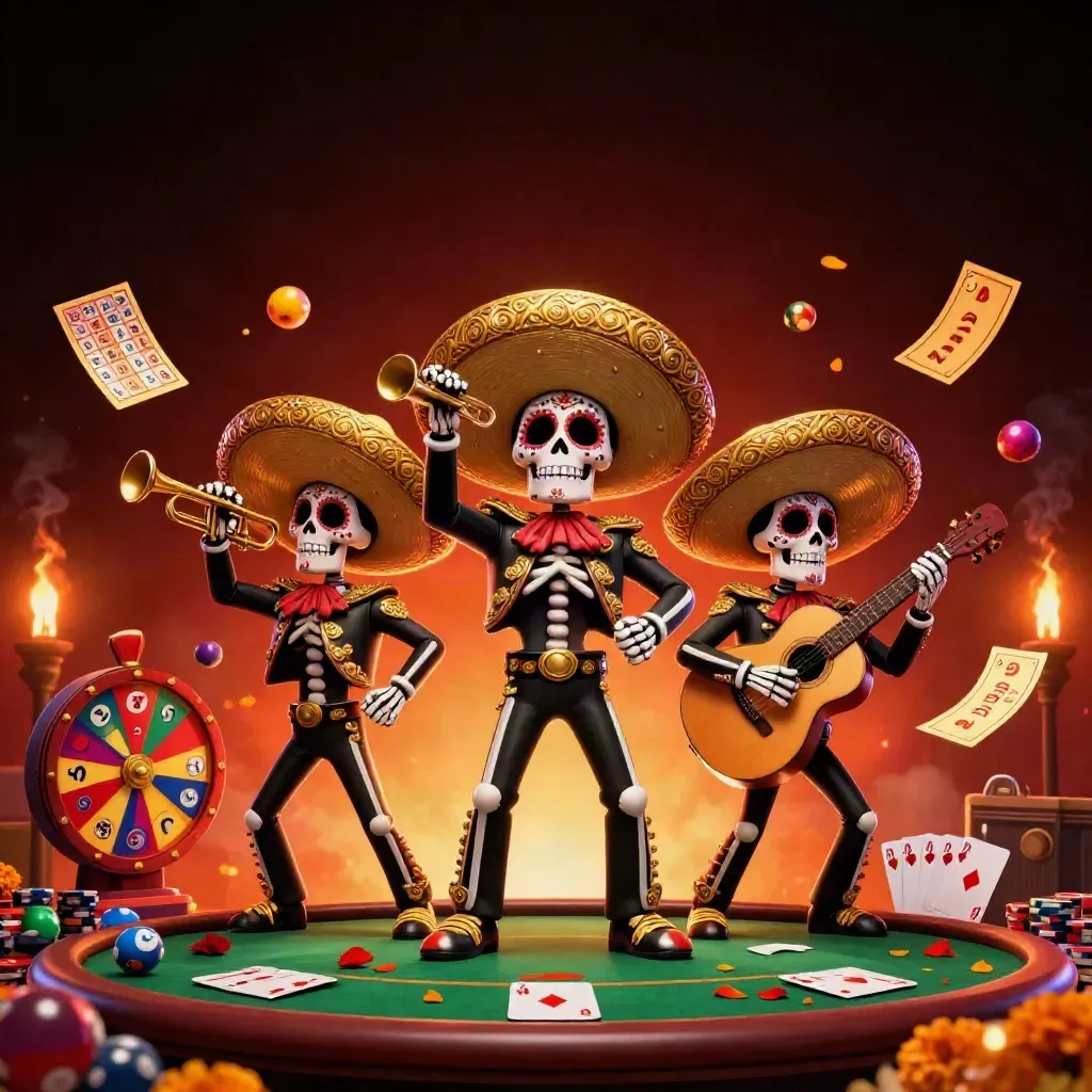 Day-of-the-Dead skeleton mariachi trio with casino props in a fiery neon jackpot scene