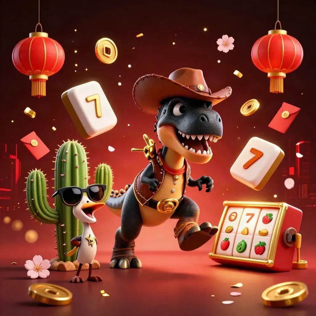 Cowboy T-Rex trio blasts through casino relics, coins, lanterns, and jackpots in a fiery neon scene