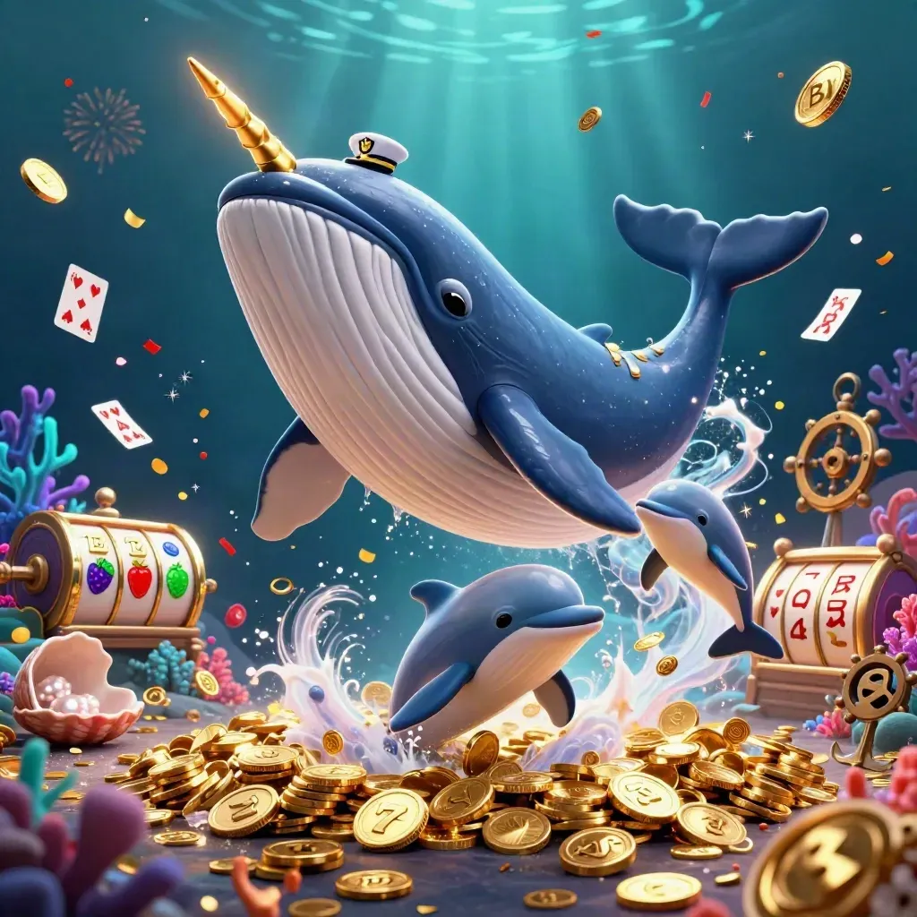Whale captain, narwhal, and dolphins burst through coins in a luxe underwater jackpot cove.