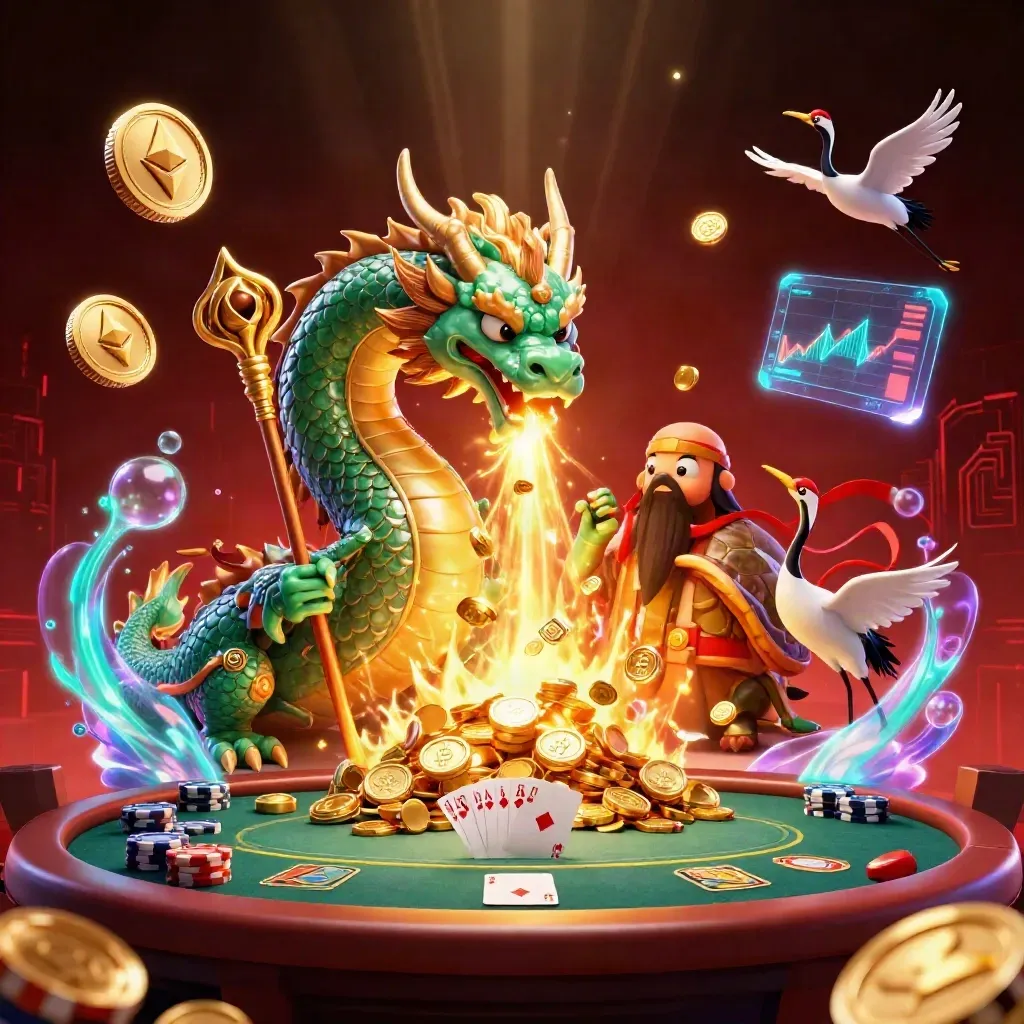 Emerald dragon, turtle sage, cranes, poker chips, coins, and fire in a neon casino burst.