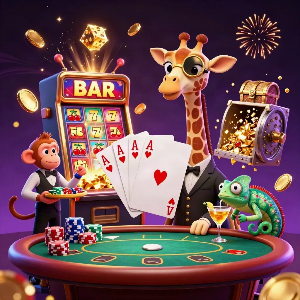 Giraffe, monkey, and chameleon at a VIP poker table amid exploding slots and gold coins.