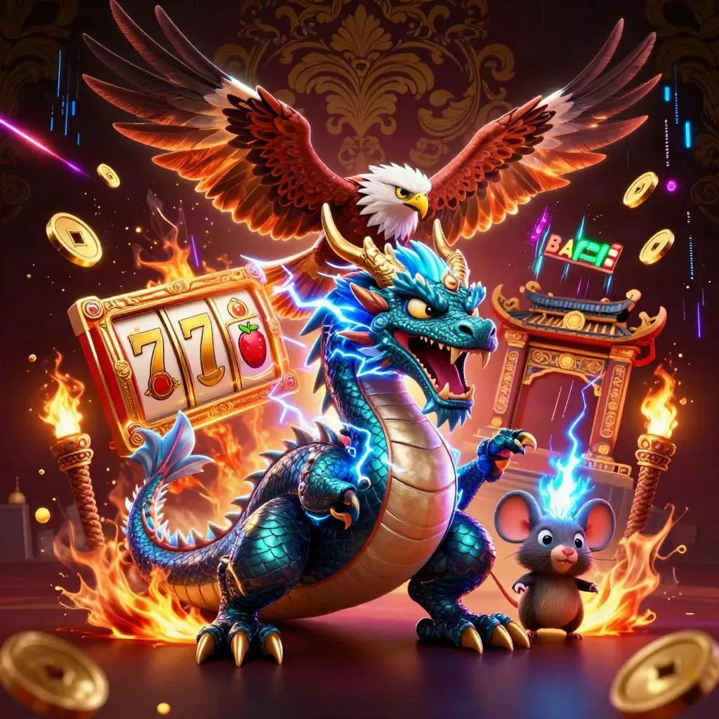Thunder dragon, glowing hawk, and static mouse amid casino jackpots and temple gate